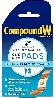 Compound W Wart Remover One Step Pads - Maximum Strength - Waterproof, Medicated, Self-Adhesive Pads Conceal and Protect Common and Plantar Warts While Treating them with Salicylic Acid - 14 Count