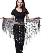 [Mr.Fashion] Halloween belly dance waist chain sequin fringe triangle scarf dance performance Hip towel beginner waist wrap, Black Color, One Size Plus Long