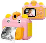 Cute Instant Camera 1080P Digital Camera Childeren Instant Print Camera 12MP 180°Rotatable with 2.4-inch IPS Screen Video Recorder Cute Filters Auto Focus with Paper Rolls 32GB ry Card Pink
