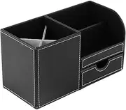 Wooden Leather Desk Stationery Organizer Storage Box for Office Desktop Multi Grids Design Black 1Pc