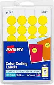 Avery Print/Write Self-Adhesive Removable Labels, 0.75 Inch Diameter, Yellow, 1,008 per Pack (5462)
