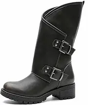 [GLOBALWIN] Women's Motorcycle Boots Fashion Mid-Calf Boots For Women Chunky Heel