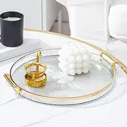 Round Serving Tray, Elegant Round Tray with Gold Handle, Fruits Desserts Snacks Display Food Serving Tray, Decorative Platter for Vanity Bathroom Coffee Table (Clear)