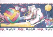 Sports Roller Blading Ice Skating Tennis Girl Pink Bow Blue Wall Paper Border