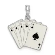 Sterling Silver De-Ani Rhodium-Plated Enameled Cards Royal Flush Pendant