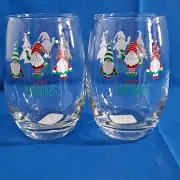 Set 2 Cristar HOLIDAY GNOMES Stemless Wine Glasses Drinking 15.5 Oz Christmas