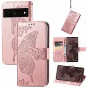For Google Pixel 7 Pro Case, Butterfly Embossed PU Leather Wallet Folio Cover, Stand, Rose Gold