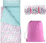 Soft Toddlers Nap Mat with Removable Pillow and Soft Blanket, Lightweight Daycare Preschool Kindergarten Sleeping Bag, Travel Slumber for Kids Girls Boys (Pink Flowers)