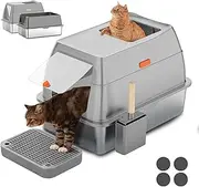 LIODUX 3-in-1 Cat Metal Litter Box Set, Stainless Steel With Lid, Extra Large for Big Cats, Top Entry Enclosed With Double Filter Pedal & Scoop, High Sided