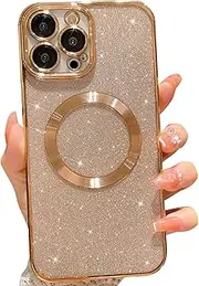 MGQILING Compatible with iPhone 13 Pro Max Magnetic Glitter Case, Luxury Plating Cute Bling Clear Phone Case, Compatible with MagSafe for Women Girls with Camera Protector Back Cover - Gold