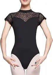 [KKmeter] Women Sheer Floral Lace Patchwork Gymnastics Ballet Dance Leotard Short Sleeve Open Back Bodysuit Tank Tops