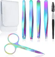 Honoson 6 Pcs Eyebrow Tweezers Set for Women Precision Tweezer for Eyebrows with Curved Scissors Eyelash Brush Girls Facial Hair Plucking Daily Beauty Tools with Leather Storage Case(Rainbow Color)