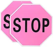 uxcell 2-Pack Stop Sign 12x12 Inch Aluminum Reflective Street Slow Warning Signs Rust Free Waterproof Stop Signs [Black Lettering On Pink Background]