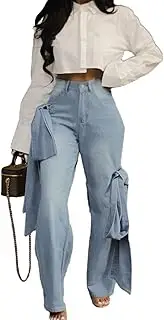 [Vaceky] Bow Tie Jeans Women Y2K High Waisted Straight Leg Trendy Denim Pants, Denim Blue, X-Large