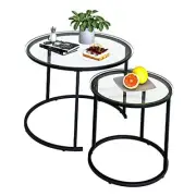 Nesting Coffee Table Set of 2,Modern Black Tempered Glass Large Black Glass