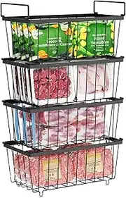 Freezer Organizer Bins - 4 Pack Stackable Freezer Baskets Sort Frozen Meats & Food - Deep Freezer Organizer Bins with Handles for Upright & Chest Freezer (Black)