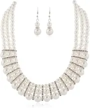 [Generic] Vintage Layered Faux Pearl Choker Necklace and Earrings Set Crystal Pearl Statement Necklace Collar Bib Costume Accessories