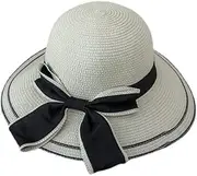 [Tooe] Women Wide Brim Straw Roll Up Hat with Ribbon Bow Foldable Summer UV Protection Beach Travel Cap, White, Large