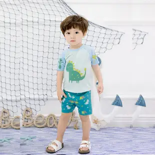 Biki比基尼妮，S-3L小龍短袖兒童二件式泳衣小朋友游泳衣附帽(淺綠)