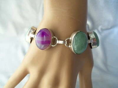 925 Sterling Natural Purple Striped Agate & Aventurine Gemstone Link Bracelet