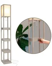 BRIGHTECH Maxwell Natural Wood LED Shelf Floor Lamp With Drawers