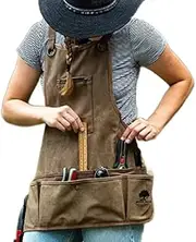 Ironwood Tool Co. 16oz Waxed Canvas Gardening Apron with shoulder pads, double stitched pocket, metal grommets for strap, Brown