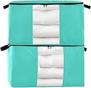 Amooorous Turquoise Solid Color Pure Plain 60/95 L zippered storage boxes with Reinforced Handles, clear window shoe storage organizer for Blankets, Comforters, and Clothes