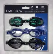 NAUTICA ADULT SIZE 3 PACK GOGGLES, LATEX FREE, PVC STRAP, POLYCARBONATE LENS