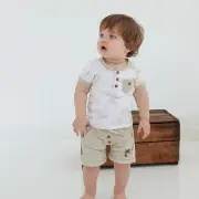 Aster & Oak Cotton White Jungle Print AOP Henley Top Boys