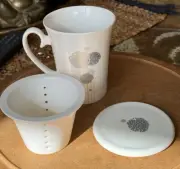 TEAVANA SILVER FLORAL TEXTURED LIDDED BONE CHINA TEA CUP MUG INFUSER SET