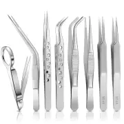 8 Pcs Tweezers Set Stainless Steel Tweezers Forceps with Magnifying Glass Straig