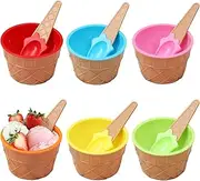 PORUPAEL Pack of 6 Ice Cream Bowls with Spoons, Reusable Ice Cream Cups, Dessert Bowls, Cute Colourful Ice Cream Cups, Children's Ice Cream Sundae, Dish Cup Set for Family, Camping Party, Waffle