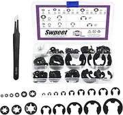 Swpeet 260Pcs Carbon Steel Steel Manganese Steel E-Clip and Internal Tooth Lock Washers with Tweezers Assortment Kit, Spring Push On Locking Nuts Speed Clips Snap Ring E-Ring Circlip Rings for Gear