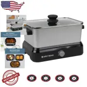 Large Capacity Silver Slow Cooker with Griddle Base & Insulated Tote - 5-Quart