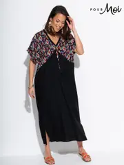 Pour Moi Black V-Neck Print Mix Midaxi Kaftan (F71674) | $90