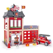 Hape Fire Station Wooden Playset with Alarm Fire Engine Helicopter Toys