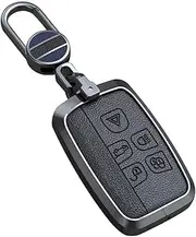 ontto Leather Key Fob Cover Keyring fit for Discovery 4 Sport Range Rover Evoque Sport Velar Jaguar F-Pace F-Type XJ XF XE Accessories Alloy Key Case Shell Holder Bag Keychain Black A