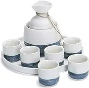 Japanese Art Ceramic Sake Serving Wine Cup Set Ceramic Material 6 Sake Cups 1 Sake Bottle 1 Warm Wine Pot 1 Round Tray Sake Drinking Set