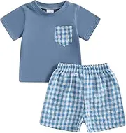 [Geagodelia] Toddler Baby Boy Spring Summer Outfits Short Sleeve Contrast Color T-Shirt Sweatshirt Top with Elastic Waist Checkered Shorts Sets 2Pcs Clothes for Little Boys