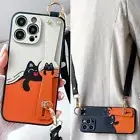 For iPhone Samsung Crossbody Cute Cat WristStrap Case Stand Necklace Phone Cover