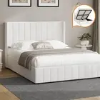 Oikiture Bed Frame Double Size Gas Lift Base with Storage Boucle Fabric White