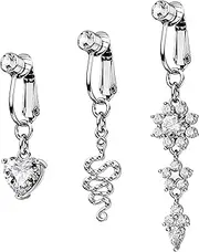 [OUFER] 3PCS Fake Belly Button Piercing Jewelry, Non-Piercing Clip on Belly Button Rings, Surgical Steel Dangle Clear CZ Faux Navel Rings for Women Men