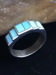 Native Navajo Sterling Silver Blue Kingman Turquoise Inlay Ring Size 10 1594