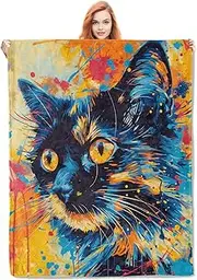 VANZEV Abstract Cat Flannel Blanket,Colorful Splash Art Design Soft Lightweight Throw Blankets Gifts for Women Cat Lovers,60" x 80" Perfect for Couch Bed Home Travel Decor