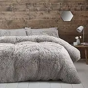 Cuddly Catherine Lansfield Deep Pile Faux Fur Double Duvet Cover Set with Pillowcases Silver Grey