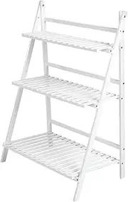 AIMALL 3-Tier Foldable Wooden Plant Stand - Space-Saving Corner Flower Pot Display in Elegant White & Natural Log Finish, Ideal for Balcony, Patio, & Indoor Decor, 27.5x15.7x37.8 in
