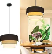 Depuley Modern Pendant Light, E27 Drum Hanging Lamp Fixture with 3-Tier Linen Fabrics Lampshade, Elegant Pendant Lighting for Dining Room, Bedroom, Kitchen Island, Entryway, Hallway, Beige & Balck