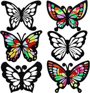12 Pieces Butterfly Stained Glass Effect Paper Butterfly Suncatcher, 6 Types for Window Art Classroom Art Craft Party Favor Travel Toy, 6.3 x 4.3 Inch with 20 Pieces Colored Paper (Black)