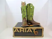Ariat Kids Ranchero Boots New In Box Powder Brown/LIme Wide Square Toe 11" H 9 M