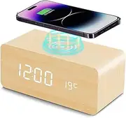 Wooden Digital Alarm Clock with Wireless Charging, 3 Alarms LED Display, Sound Control and Snooze Dual，Adjustable Brightness, Time Temperature (Yellow)